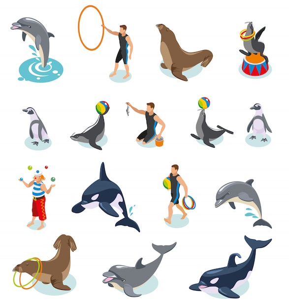 Sea circus isometric set of seals walrus penguins dolphin killer whale animal trainers and juggling clown