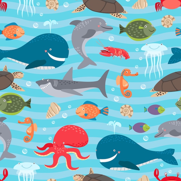 Free vector sea creatures seamless background.