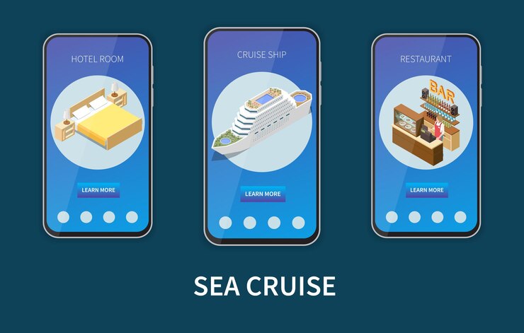 Free Vector sea cruise isometric vertical banner set with hotel room cruise ship and restaurant descriptions and learn more buttons illustration