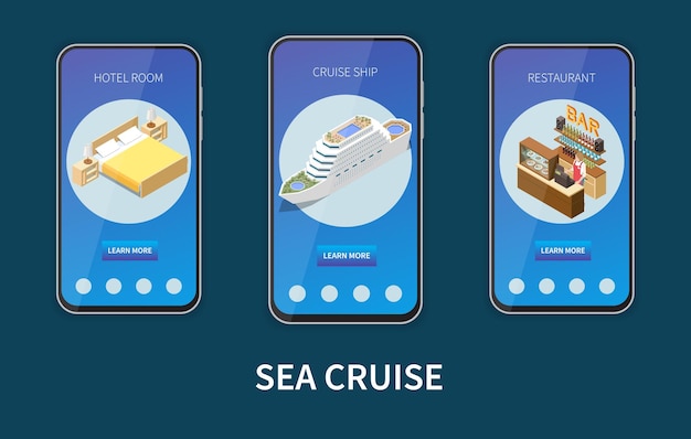 Sea cruise isometric vertical banner set with hotel room cruise ship and restaurant descriptions and learn more buttons illustration