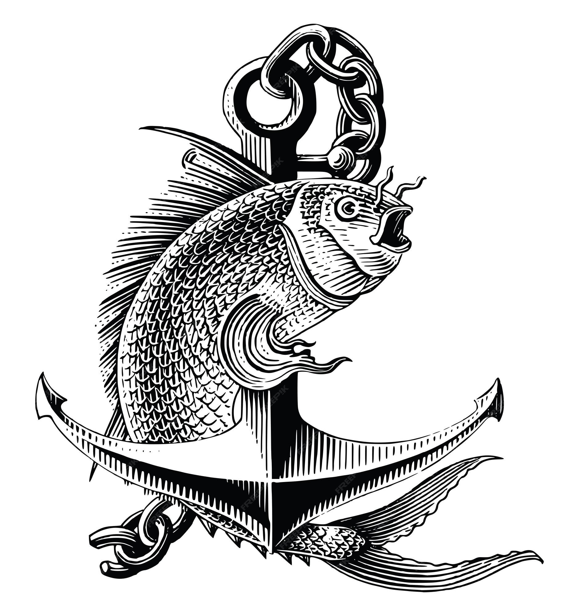 錨の手を飛び回る海の魚は ヴィンテージの彫刻スタイルの黒と白のクリップアートを描画します 無料のベクター