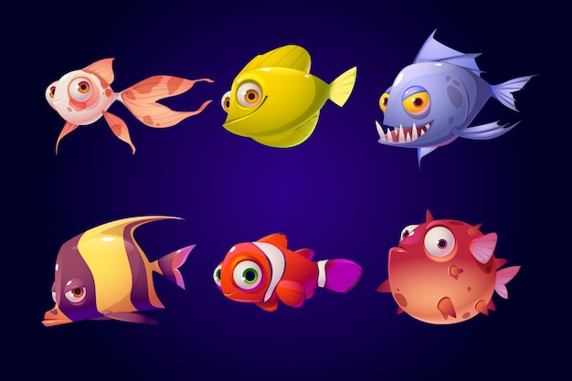 Sea fish, tropical colorful aquarium creatures set