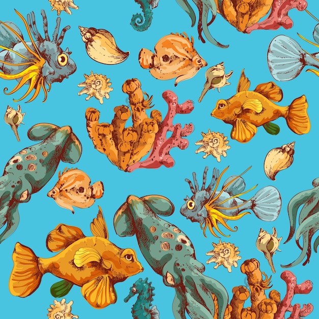 Free vector sea fishes and ocean creatures sketch colored seamless pattern vector illustration