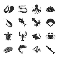 Sea food black icons set with lobster salmon shrimp and tuna isolated vector illustration