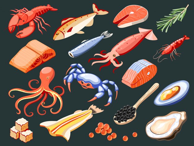 Sea food isolated isometric colored icons with salmon filet calamari caviar mussels crabs oysters shark meat illustration