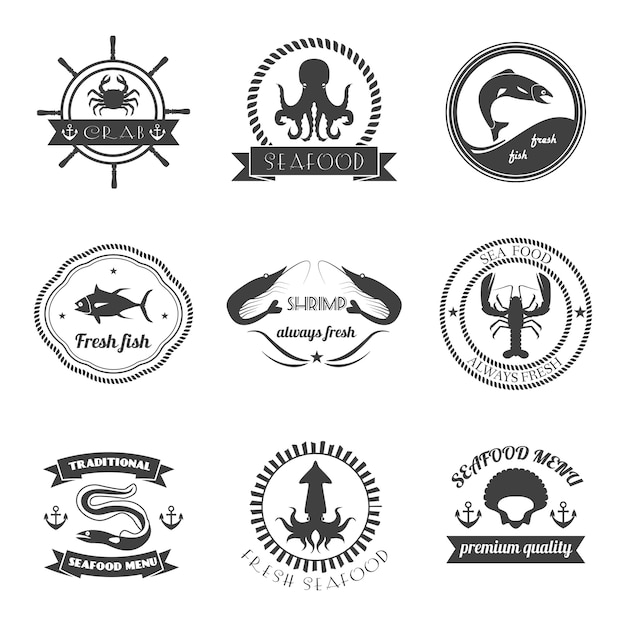 Free vector sea food label set fresh fish premium quality restaurant stamps isolated vector illustration