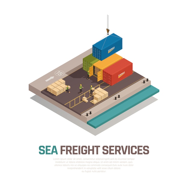 Sea freight services isometric composition with shipment cargo in containers by crane at port