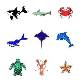 Морские жители мультфильм значок набор изолированных вектор стикер картинки океан животное рыба дельфин акула морская звезда кит черепаха краб креветки плоский красочный графический эмблема