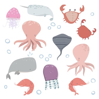 Sea inhabitants funny set with isolated cartoon images of marine animals on white vector isolated