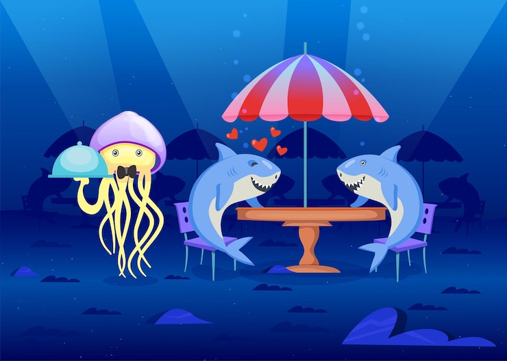 Free Vector sea inhabitants in restaurant at bottom of sea. cartoon illustration