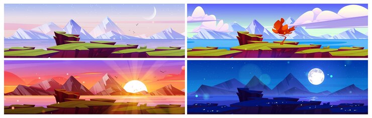 Free Vector sea or lake coast at different time of day