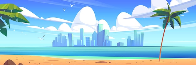 Бесплатное векторное изображение Морской пейзаж с пляжем и городом на горизонте