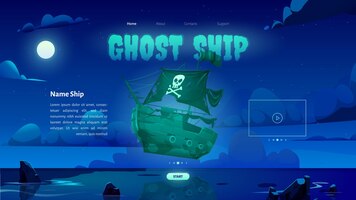 Free vector sea landscape with ghost pirate ship at night