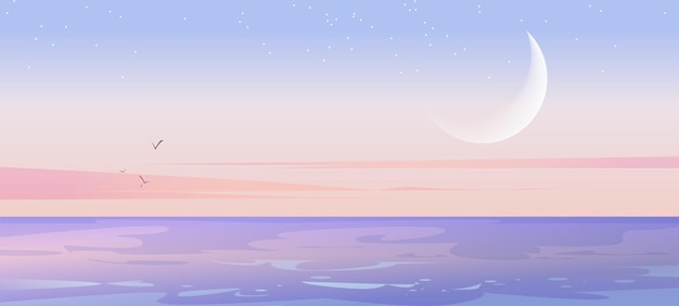 早朝の空に月と星と海の風景