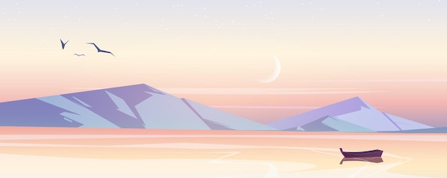 Free vector sea landscape with mountains in morning