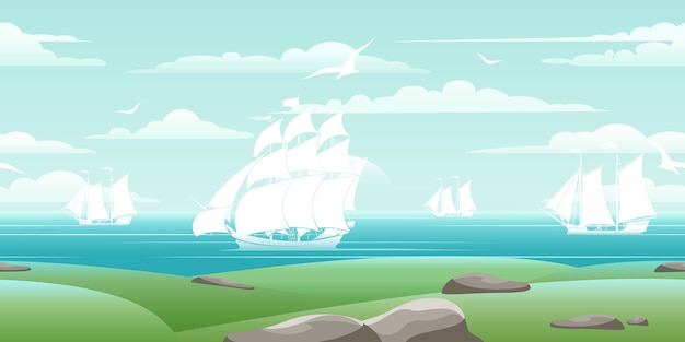 Sea landscape with ships. travel boat, water nature, ocean and
seagull, vector illustration