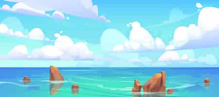 Бесплатное векторное изображение Морской пейзаж с камнями в воде и облаках