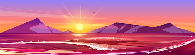 Free vector sea landscape with sun in sky on horizon at sunset