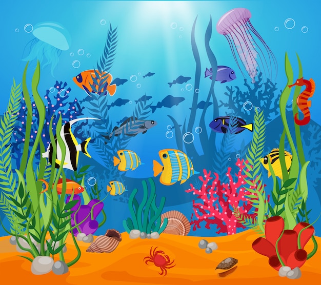 Sea life animals plants composition colored cartoon with marine life and various types of algae
