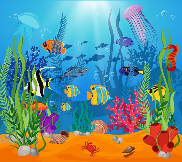 Sea life animals plants composition colored cartoon with marine life and various types of algae