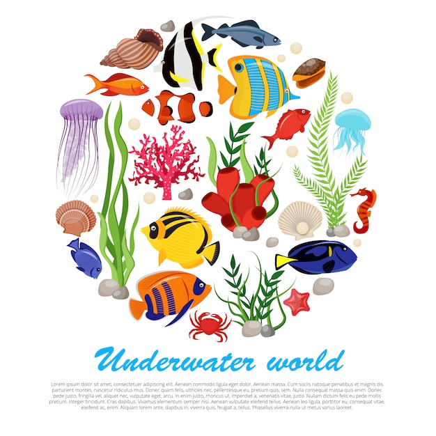 Vettore gratuito poster di piante animali di vita di mare con set isolato combinato nella grande descrizione del mondo rotondo e subacqueo