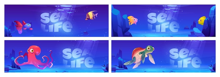 無料Vector 海の生物の漫画のバナー