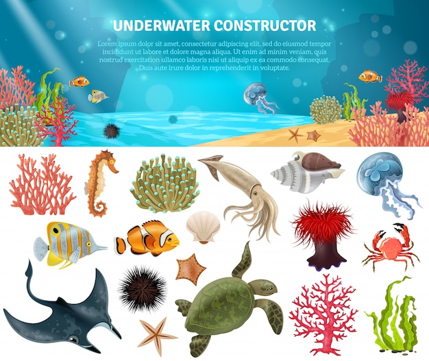 Бесплатное векторное изображение sea life constructor изолированные иконки set