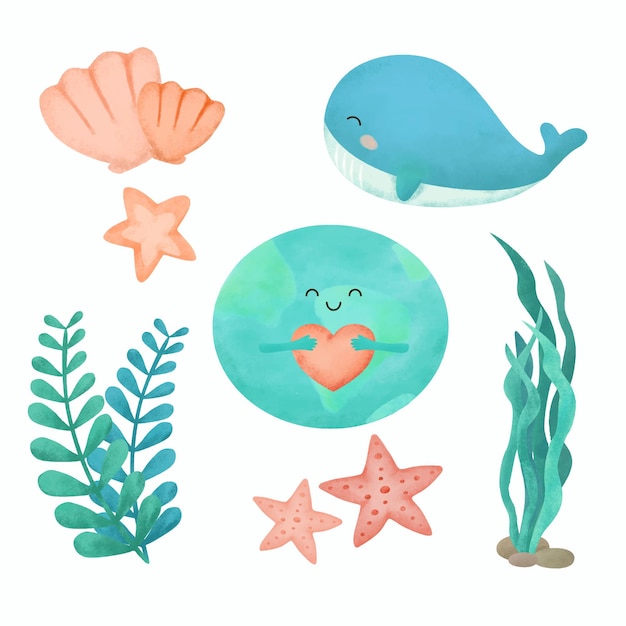 Sea life watercolor drawing with Under the sea set cute whale