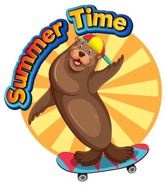 Free vector sea lion cartoon character with summer time word