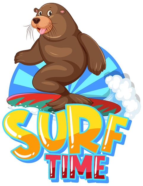 Free vector sea lion cartoon character with surf time word