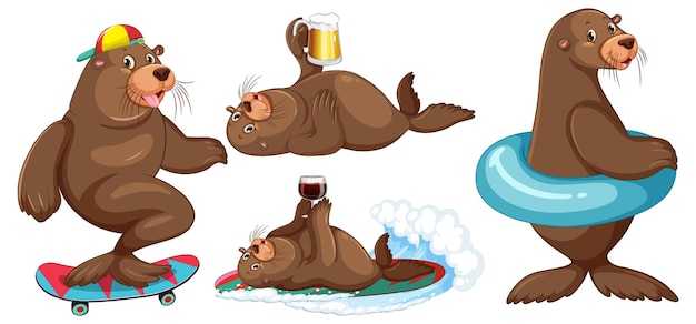 Sea lion cartoon characters in summer theme