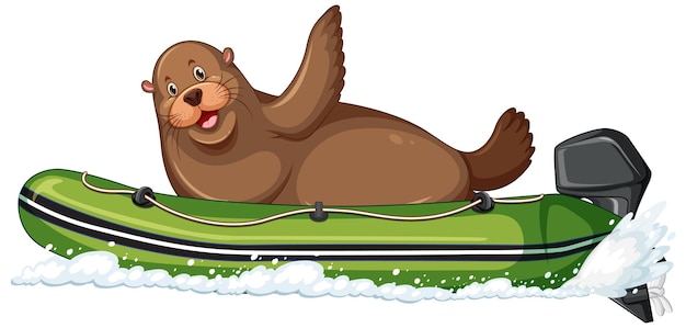 Sea lion on a motor boat in cartoon style