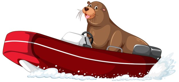 Sea lion on motor boat in cartoon style