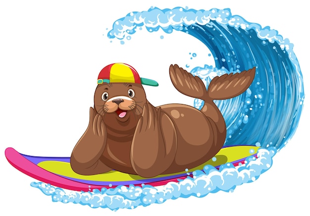 Free vector sea lion on surfboard with water wave