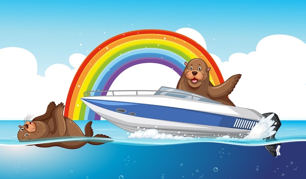 Free vector sea lions animal cartoon in the water with rainbow