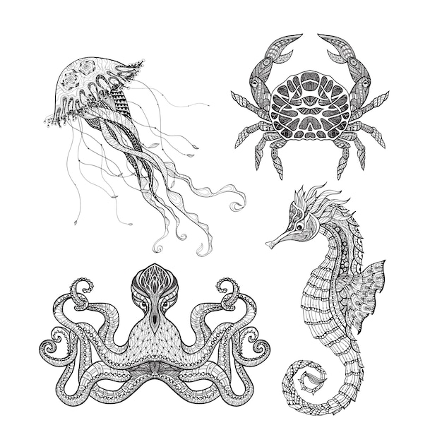 Sea marine doodle set