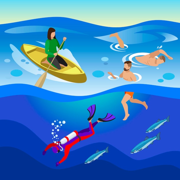 Free vector sea outdoor activities with swimminf and diving symbols isometric illustration