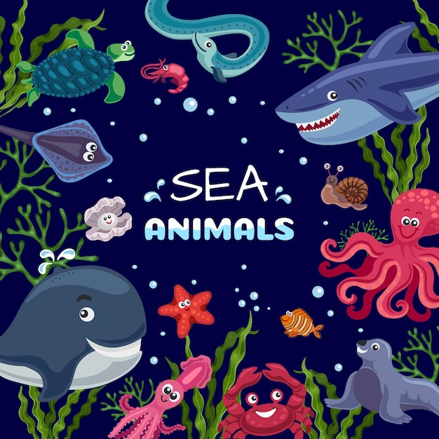 Sea plants animals funny underwater life square frame with smiling octopus fish shark whale