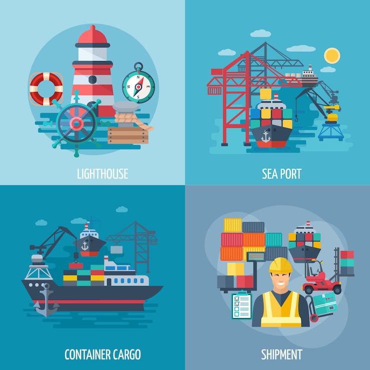 Free Vector sea port design concept set with container cargo and shipment flat icons