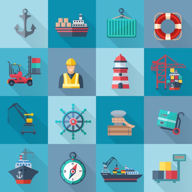 Sea port flat icons set 