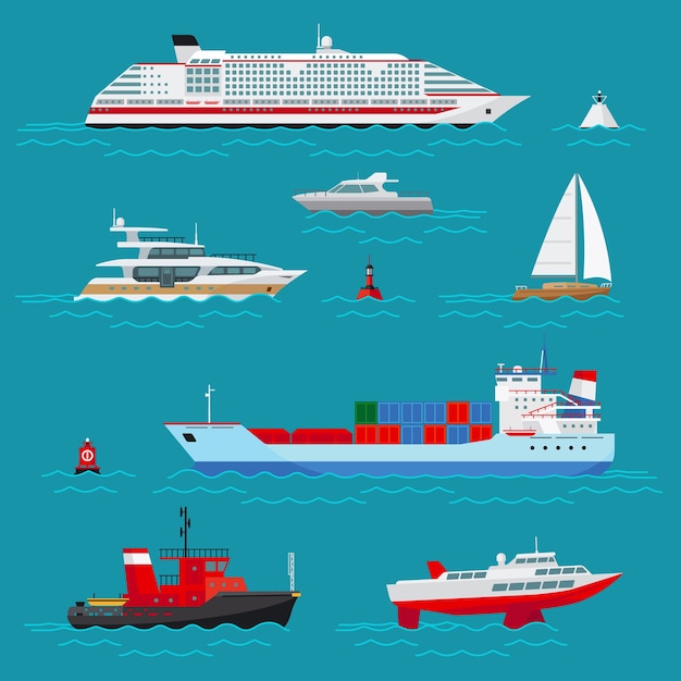 Sea ships set. Sea transport, ocean transportation, delivery and shipping, buoy and boat, cruise liner and tow