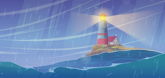 Бесплатное векторное изображение Морской бурный пейзаж с маяком