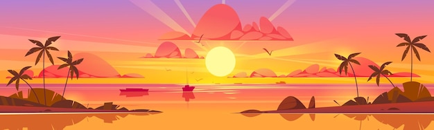 Free vector sea sunset background palm on island beach