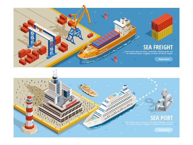 Sea transportation isometric horizontal banners