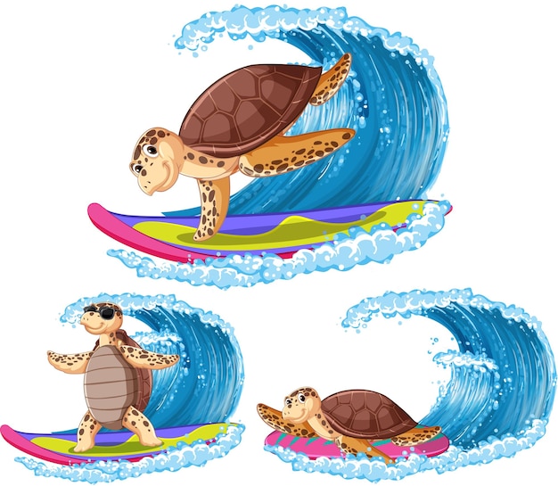 Free vector sea turtle cartoon characters in summer theme