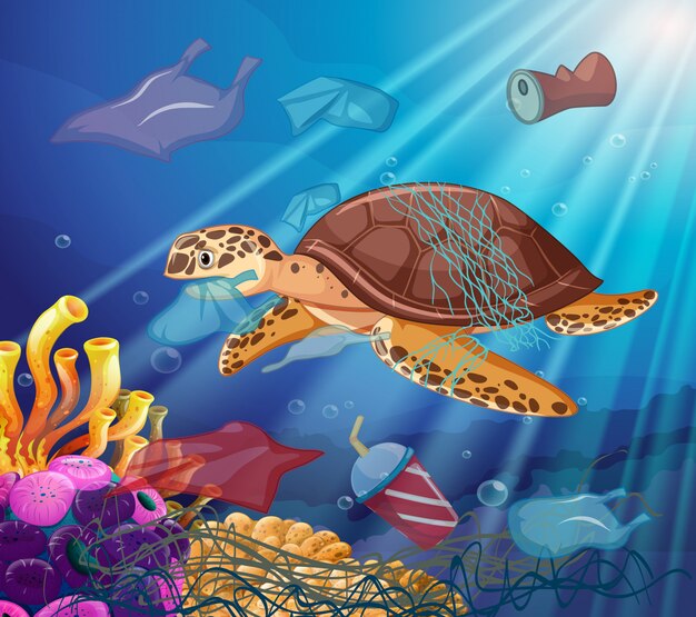 Sea turtle and plastic bags in the ocean