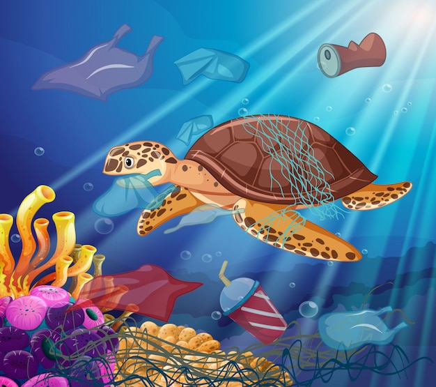 Sea turtle and plastic bags in the ocean