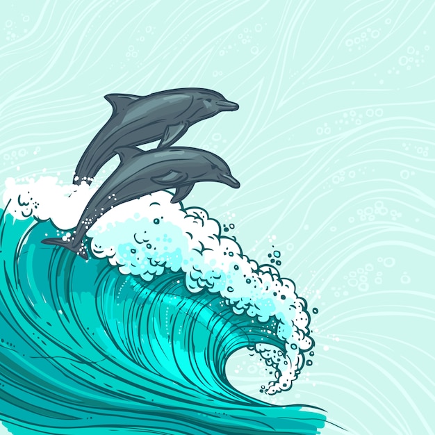 イルカの図と海の波