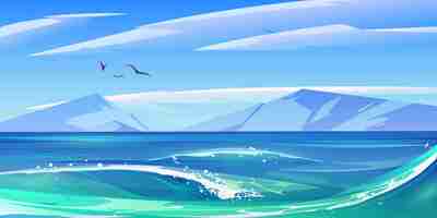 Free vector sea with waves and mountains on horizon