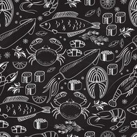 seafood and fish chalkboard seamless background pattern on black with white line drawings of fish  calamari  lobster  crab  sushi  shrimp  prawn  mussel  salmon steak and herbs